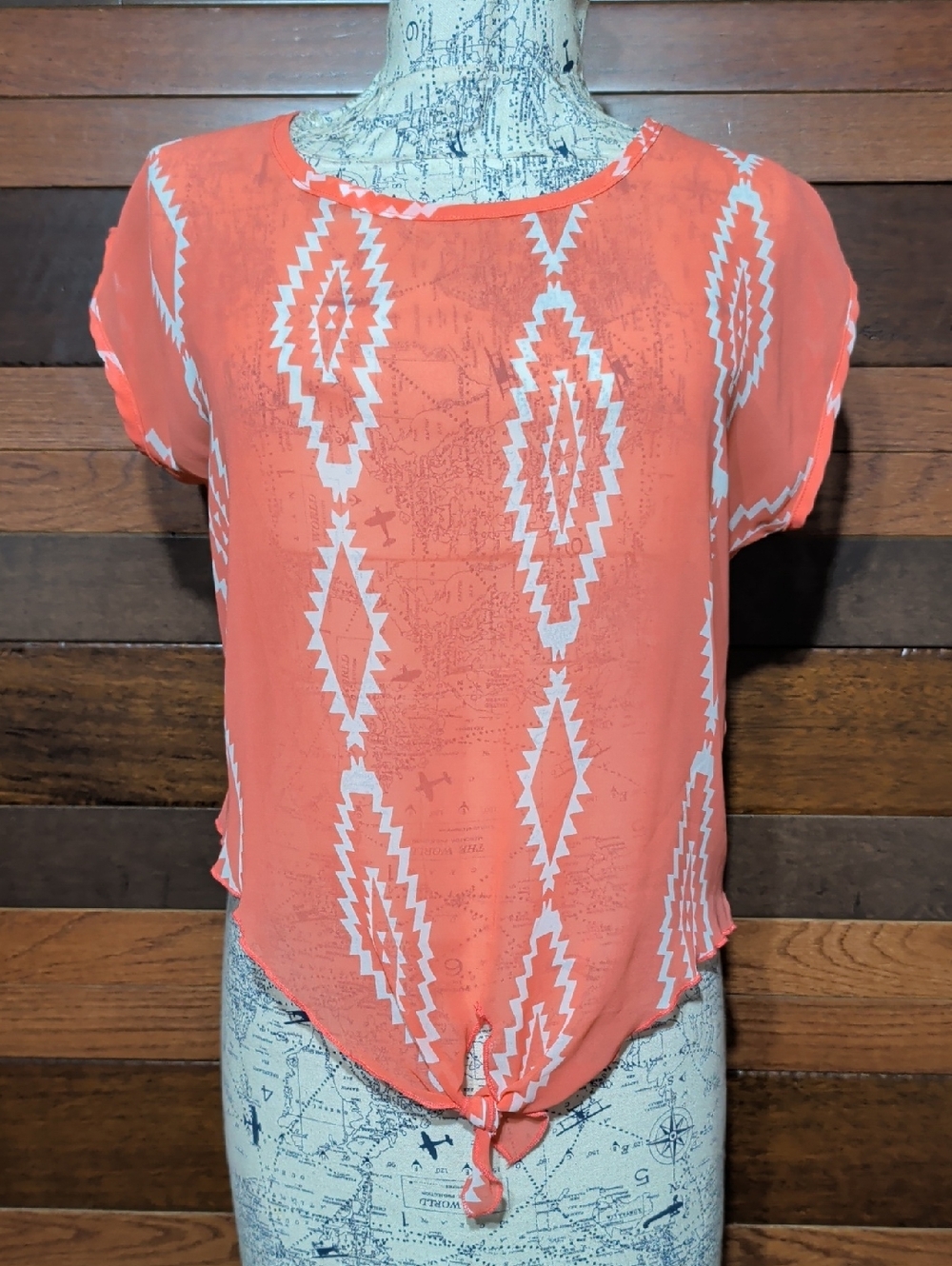 Cupid's Diary Woven Tie-Front Diamond Print Top - Coral